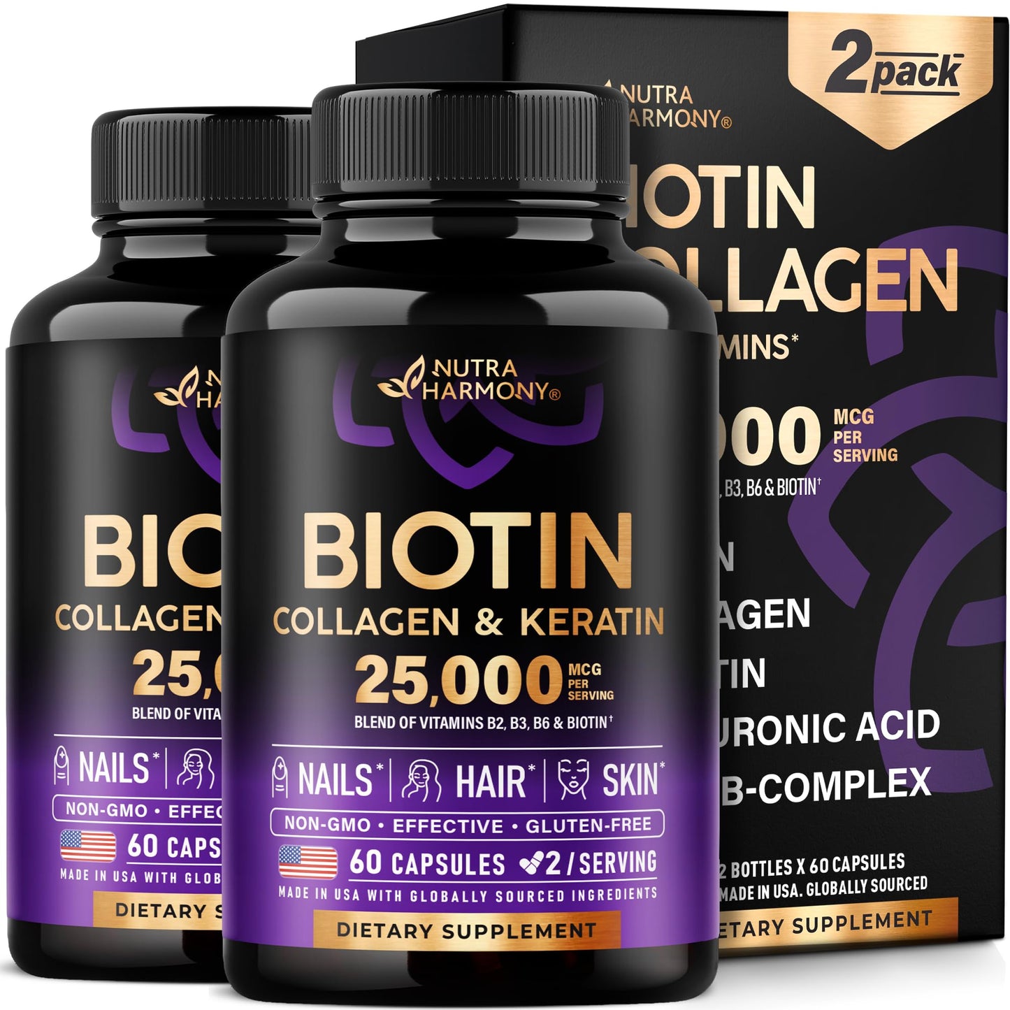 Biotin | Collagen | Keratin - Hair Growth Support - Skin & Nails Complex 25000 mcg