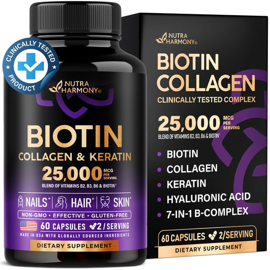 Biotin | Collagen | Keratin - Hair Growth Support - Skin & Nails Complex 25000 mcg