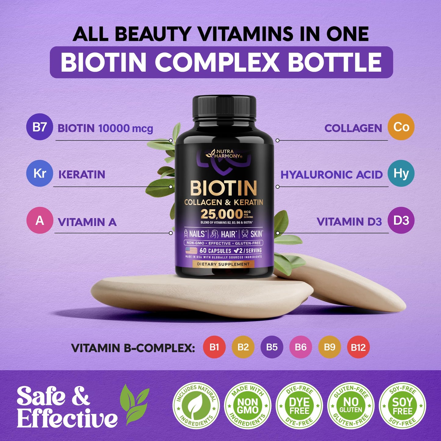 Biotin | Collagen | Keratin - Hair Growth Support - Skin & Nails Complex 25000 mcg