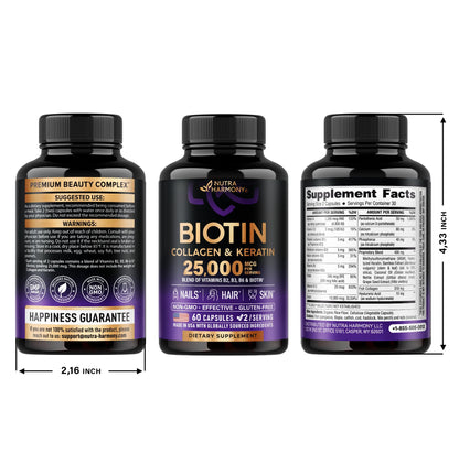 Biotin | Collagen | Keratin - Hair Growth Support - Skin & Nails Complex 25000 mcg