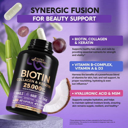 Biotin | Collagen | Keratin - Hair Growth Support - Skin & Nails Complex 25000 mcg