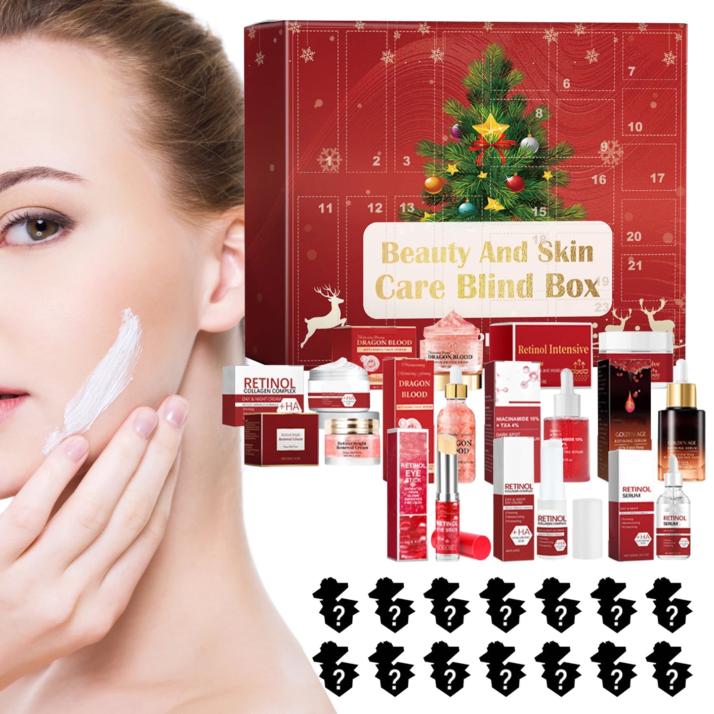 24pcs Cosmetic Advent Calendar 24 Days Christmas Countdown Advent Calendar Cosmetic Kit Retinol Face Cream Face Serum Lip Balm